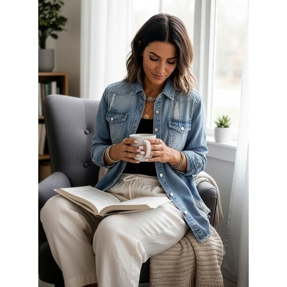 Women's Oversized Denim Jacket Casual Long Sleeve Distressed Fall Outfits - Picture 3 of 7